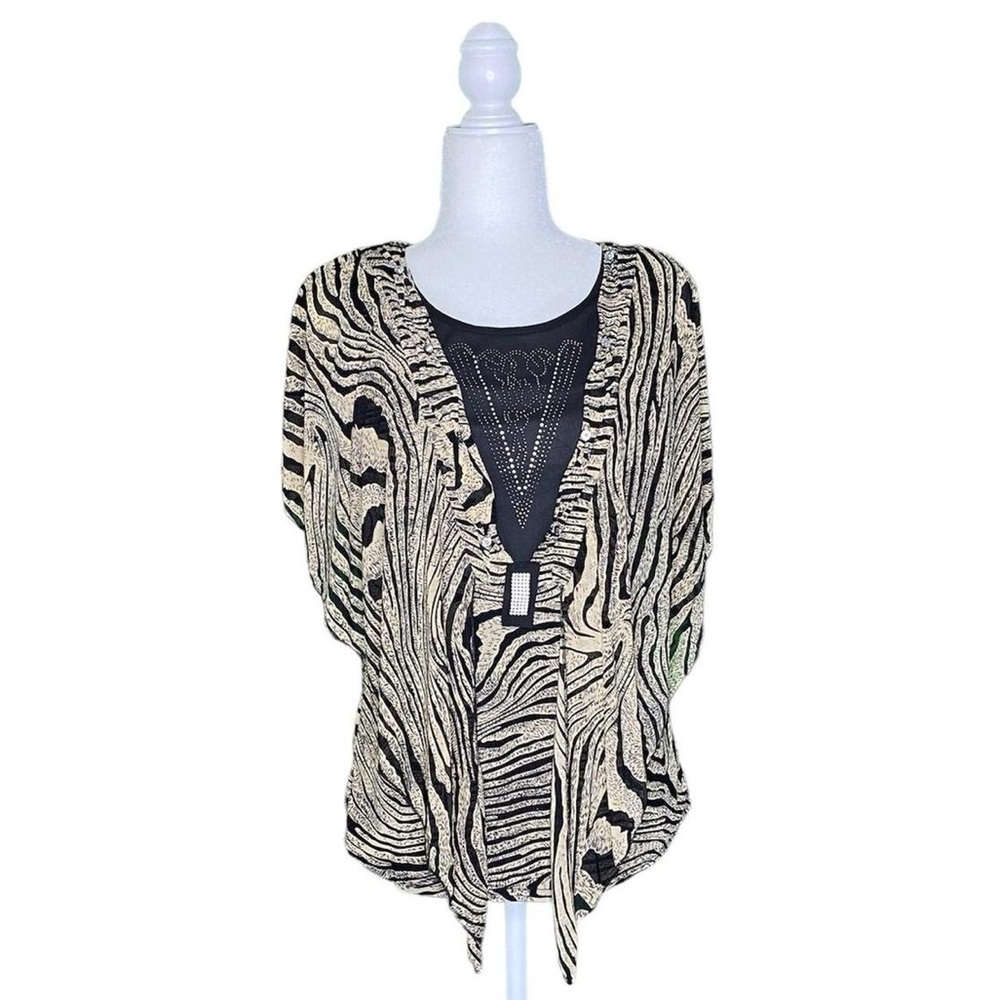 RHINESTONE EMBELLISHED ZEBRA PRINT SHEER SLEEVE BLOUSE · NWT